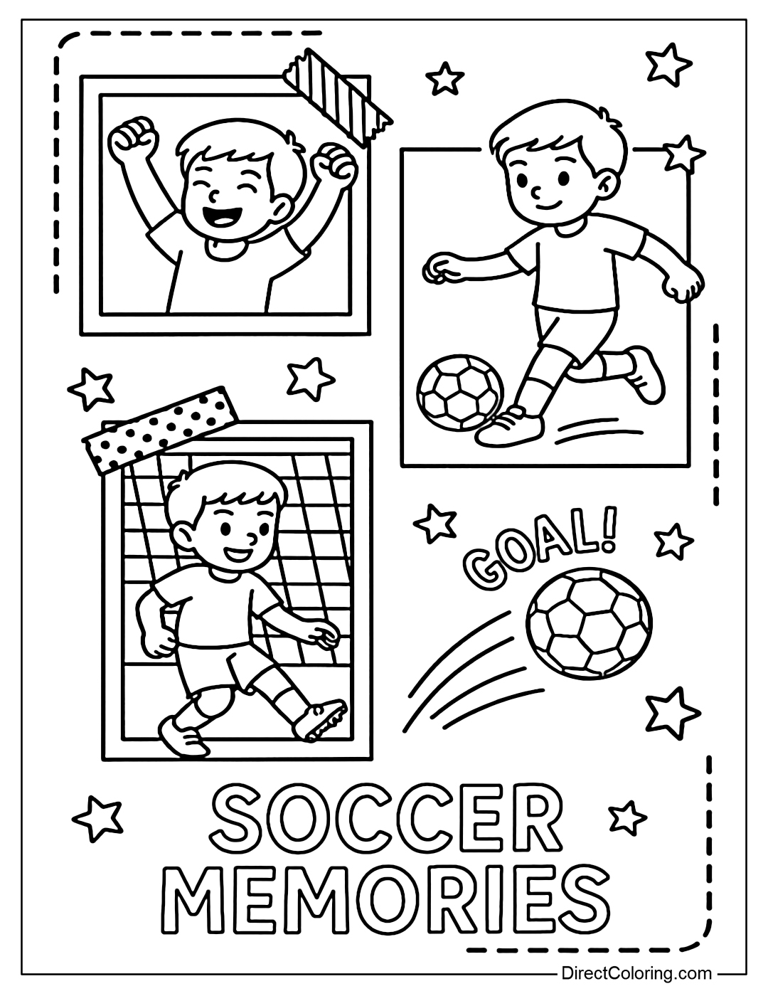 Coloring page of a souvenir page with small photos: scoring, kicking, celebrating - arranged like a scrapbook.